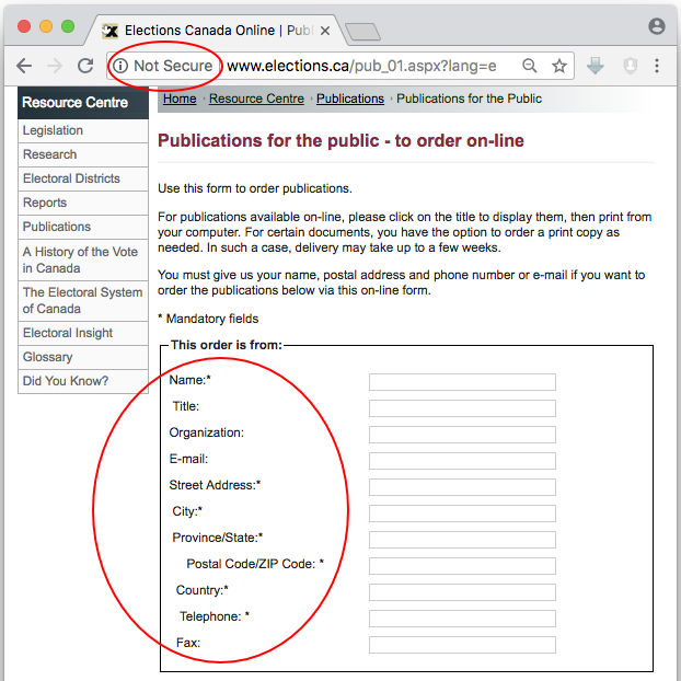 Insecure form on Elections Canada website